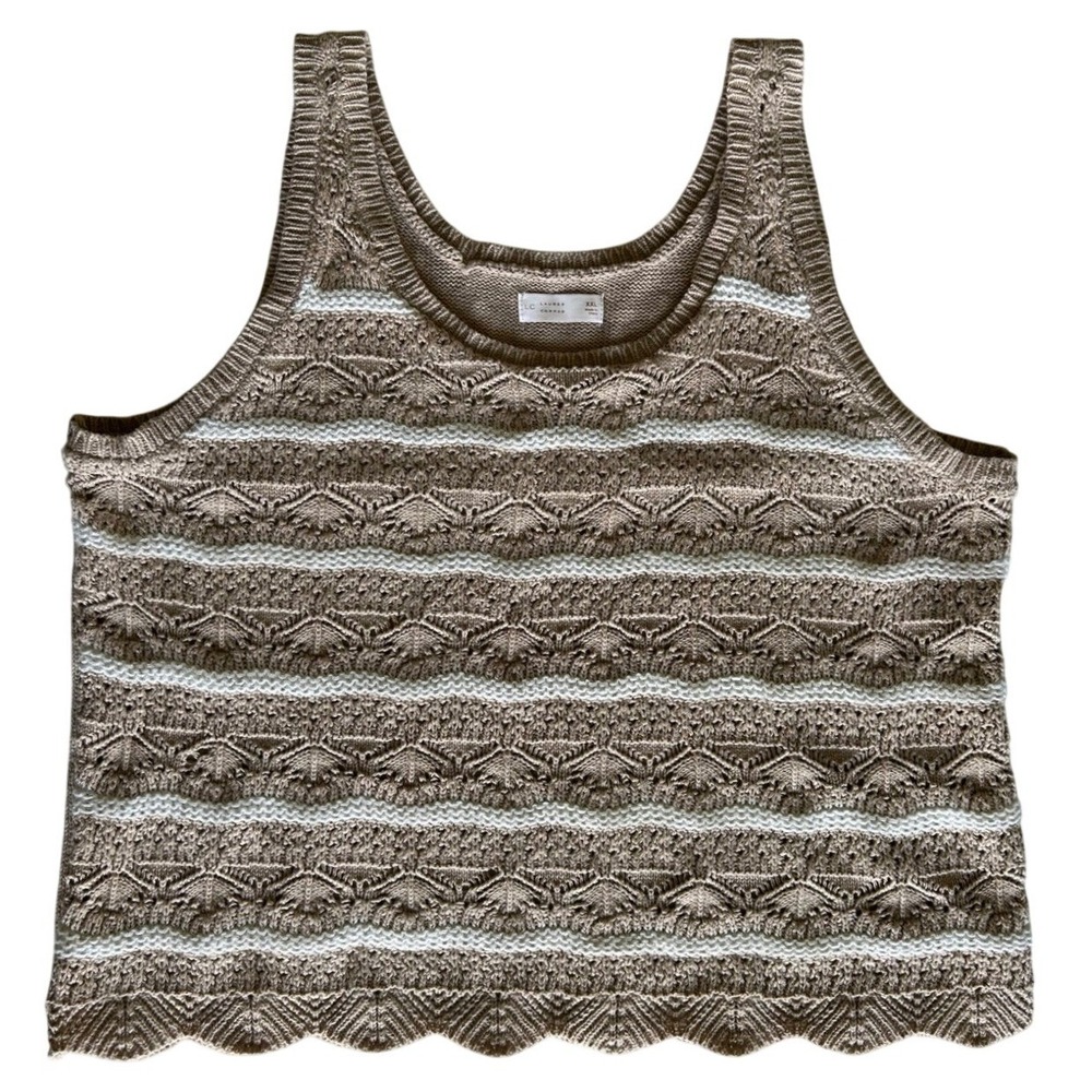 LC Lauren Conrad XXL Tan White Metallic Striped Crochet Knit Tank Top Lined
